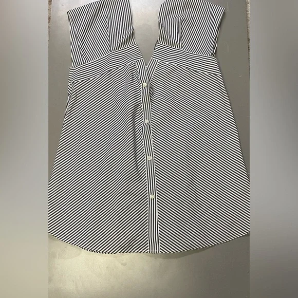 Theory Hartman Navy Stripe Off Should Button Down Sleeveless Blouse L - Picture 3 of 7